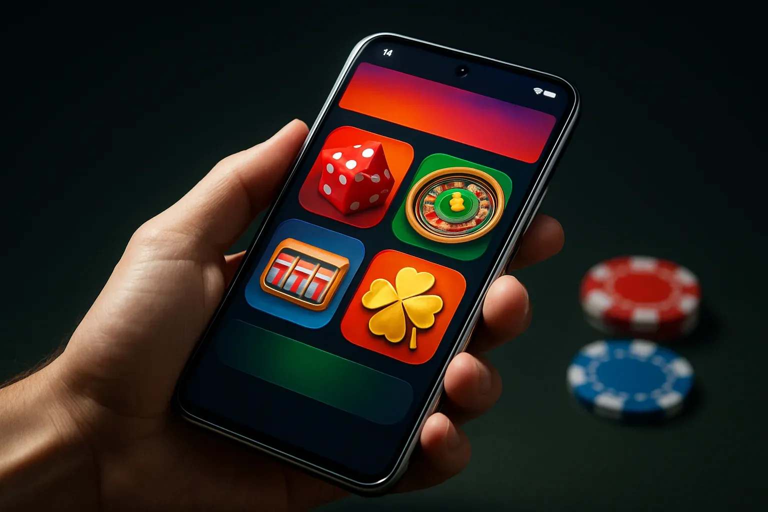 Hyperrealistic Android smartphone showing premium casino app interface with blurred chips