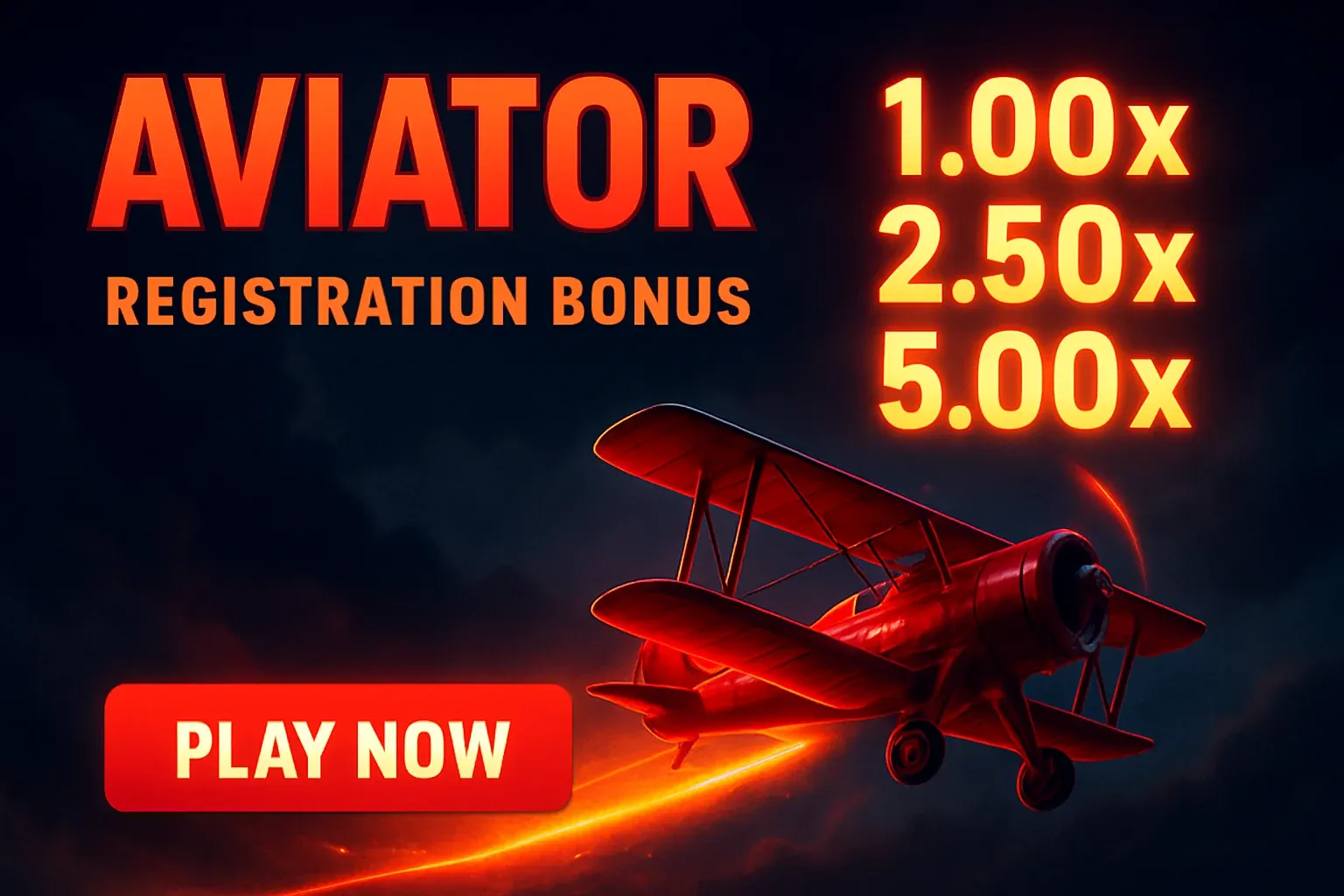 Aviator crash game banner with red plane, multipliers, and play button