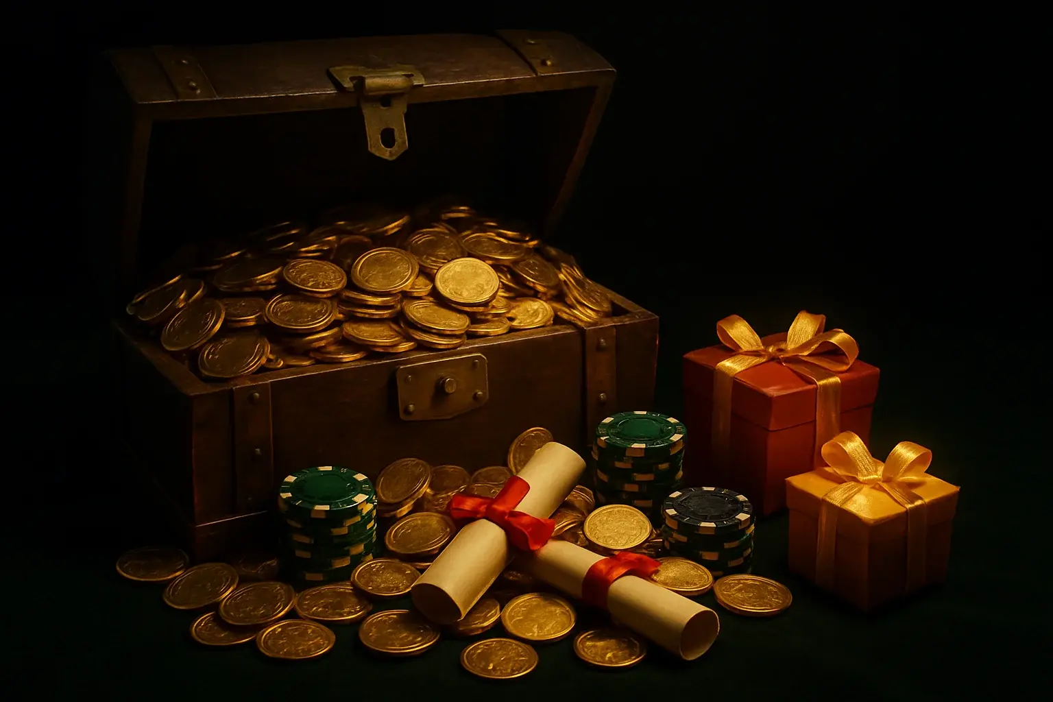 Overflowing treasure chest with gold coins, casino chips, vouchers, and gift boxes