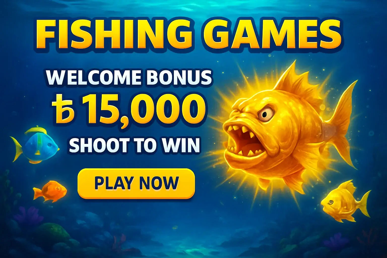 Fishing arcade banner with boss fish, bonus offer, and play button