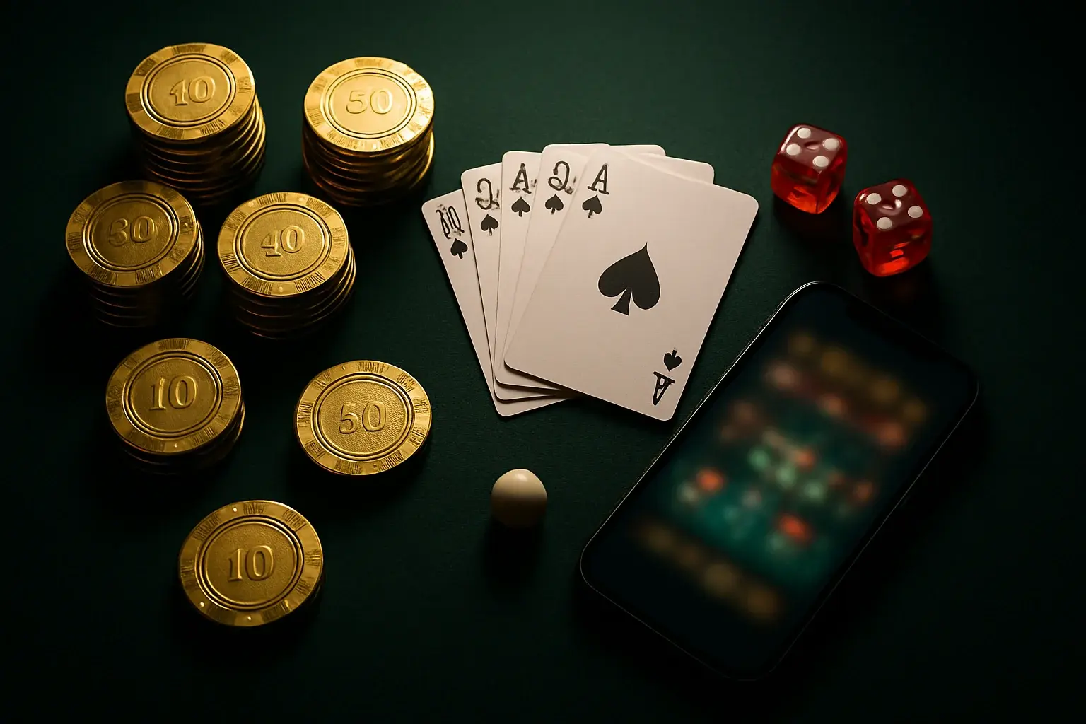 Top-down casino table with gold chips, cards, dice, roulette ball, smartphone