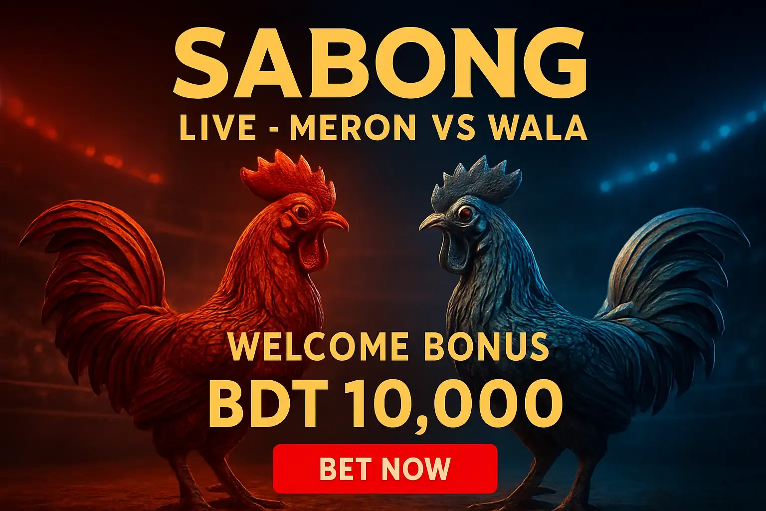 Live sabong banner with decorative rooster figurines and bonus offer