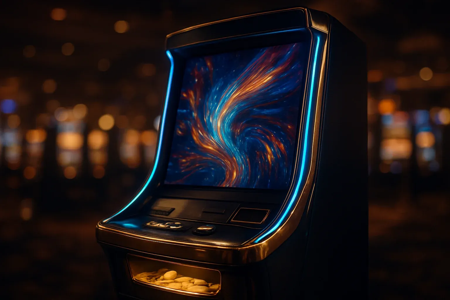 Hyperrealistic premium slot machine glowing in dark luxury casino floor